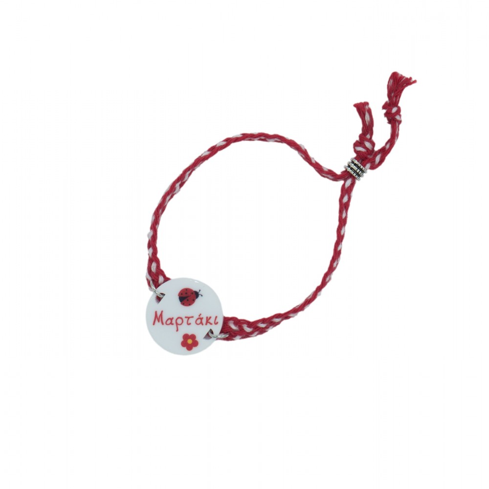 March - plain red white ribbon - silver bead - round plexiglass pantaf