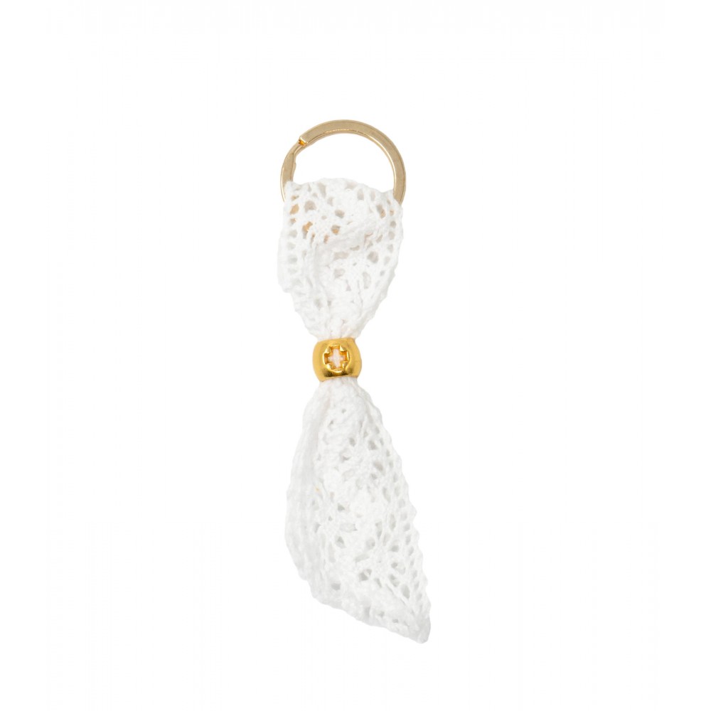 Testimonial - white ribbon in a lace pattern with a gold bead