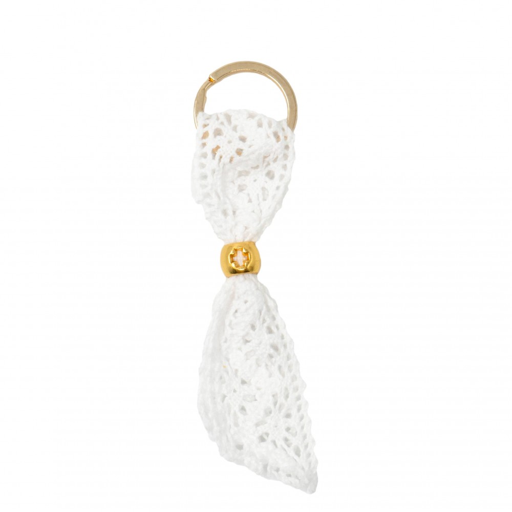 Testimonial - white ribbon in a lace pattern with a gold bead