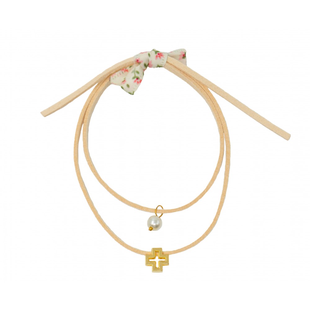 Baptism certificate in the shape of a bracelet decorated with a pearl, a gold cross and a bow.