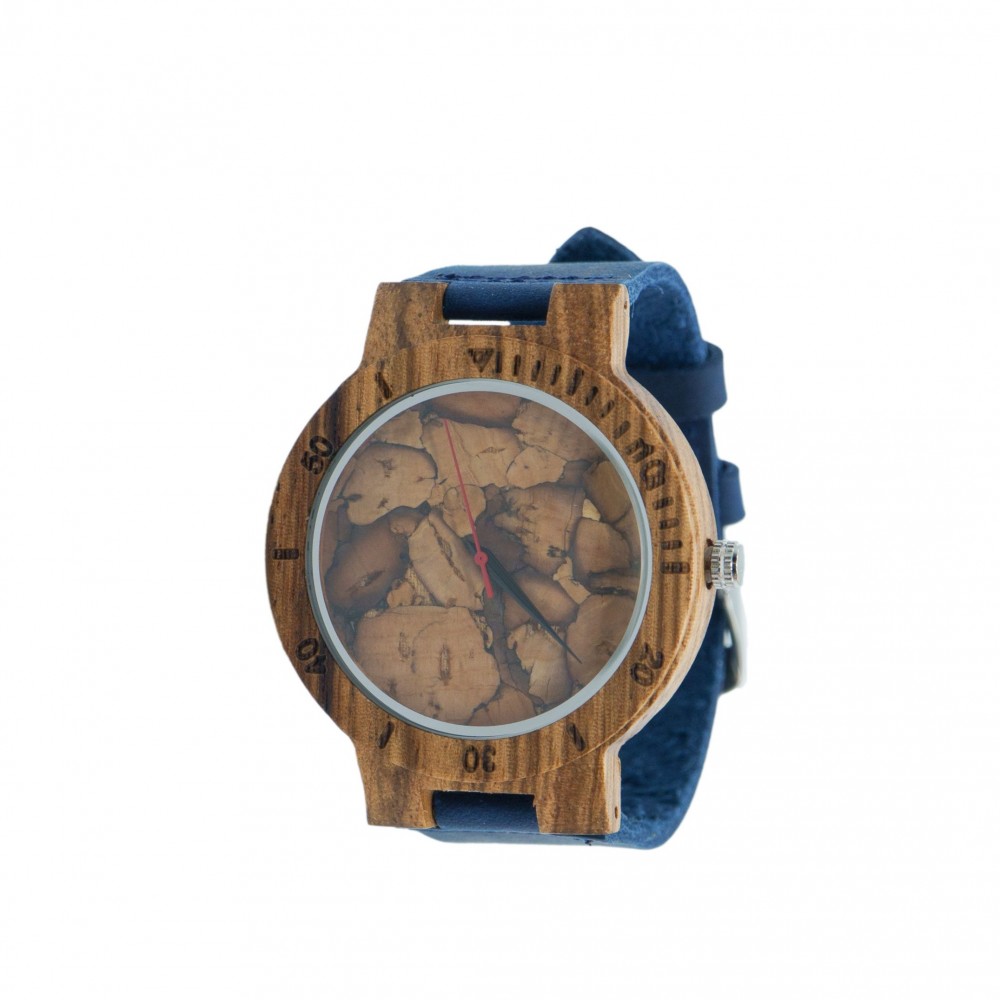 Watch-Blue-Wooden dial (dark wood) with design